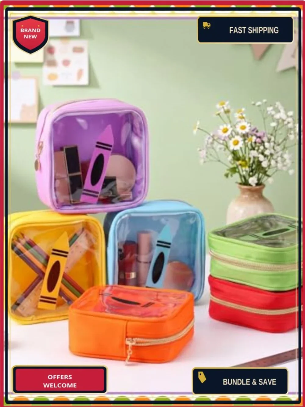 Set of 6 Clear PVC Zipper Pouch Bags Teacher Gift Cosmetic Travel Organizer